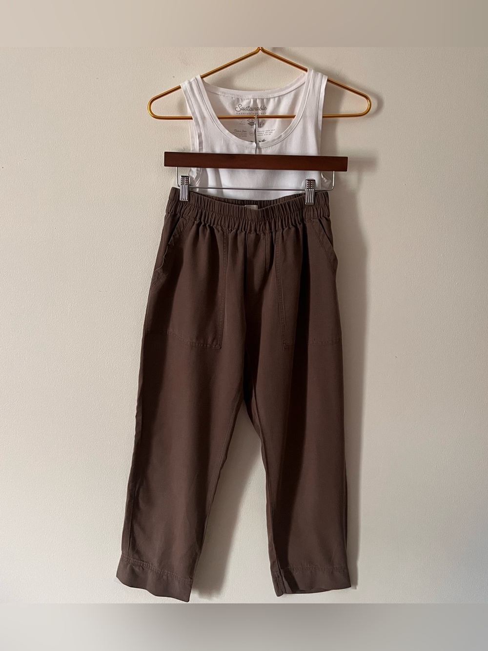 2 Item Pact Lot: Brown Pants Small and White Tank Top XS Organic Sustainable